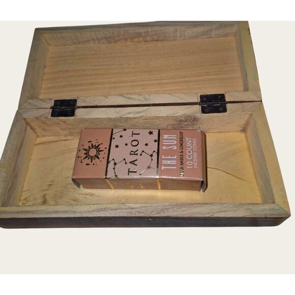 Handcrafted Wooden Incense Box Carved Floral Design10 Count Tarot The Sun Incens - Picture 3 of 8